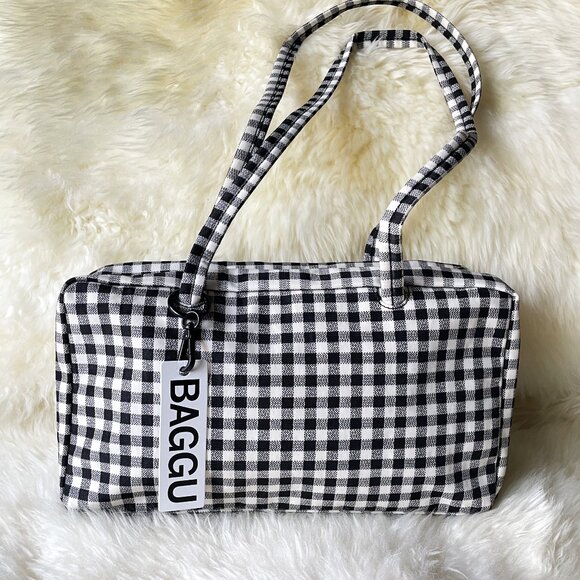 NWT Baggu Regular Nylon Bowler Bag - Black & White Gingham - Picture 1 of 7